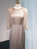 Elegant Jewel Mermaid Mother of the Bride Dresses with Cape, Light Brown Satin Evening Dresses HZ1121