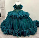 Cute Off Shoulder Ball Gowns Jade Tulle Long Quinceanera Dress Formal Gowns Vestido De 15 Anos Sweet 16 Dress HZ1121
