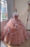 Gorgeous Strapless Ball Gown Tulle Applique Long Prom Dresses Pink Quinceanera Dress Sleeveless Sweet 16 Dresses HZ1121