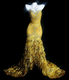 Elegant Sweetheart Mermaid Long Prom Dresses Tulle Sequin Yellow Evening Dresses HZ1121