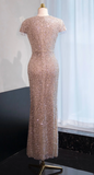 Elegant Sheath Evening Dress Sequins Champagne Gold Mother of the Bride Dresses Short Sleeves Guest Dresses HZ1121