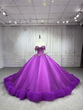 Gorgeous Off-the-Shoulder Ball Gown Tulle Long Prom Dresses Beaded Purple Quinceanera Dresses Sweet 16 Dress HZ1121