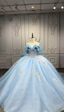 Gorgeous Off-the-shoulder Ball Gown Tulle Long Prom Dresses Applique Blue Quinceanera Dresses Sweet 16 Dress HZ1121