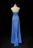 Vintage Asymmetric Neck Sheath Long Evening Dresses Satin Blue Guest Dress HZ1121