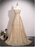Gorgeous Strapless A-Line Long Evening Dresses Tulle Gold Prom Dresses HZ1121