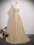 Gorgeous Strapless A-Line Long Evening Dresses Tulle Gold Prom Dresses HZ1121