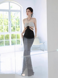 Sexy Strapless Mermaid Long Evening Dresses Beaded Sequin Party Dresses Black Prom Dresses HZ1121