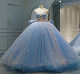 Cute Off-the-shoulder Ball Gown Tulle Long Prom Dresses Applique Blue Quinceanera Dresses Sweet 16 Dresses HZ1121