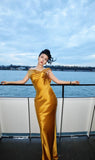 Chic V-neck Sheath Long Prom Dresses Satin Yellow Evening Dresses HZ1121