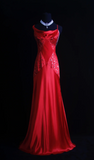 Vintage Spaghetti Strap Sheath Long Prom Dresses Satin Backless Red Evening Dress Beaded Sleeveless Formal Dresses HZ1121