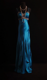 Vintage Spaghetti Strap Sheath Long Prom Dresses Beaded Satin Blue Evening Dresses HZ1121