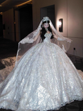 Luxury Sweetheart Neck Ball Gown Beaded Long Wedding Dresses Tulle White Bridal Dresses Sleeveless Bridal Gowns HZ1121