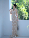 Sexy Sweetheart Sheath Long Prom Dresses Sequined Tulle Champagne Evening Dresses Sleeveless Formal Dresses HZ1121