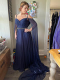 Glam Spaghetti Strap Sheath Long Evening Dresses Chiffon Navy Blue Mother of the Bride Dress HZ1121