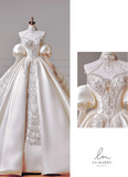 Gorgeous Off-the-shoulder Ball Gown Satin Long Wedding Dresses Beaded Bridal Gowns Long Sleeve Bridal Dresses HZ1121