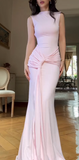 Elegant Jewel Mermaid Pink Long Formal Dresses Chiffon Pink Wedding Guest Dresses HZ1121