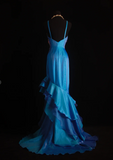 Vintage Sheath Blue Long Prom Dresses Satin Tulle Blue Evening Dresses HZ1121
