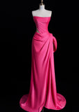 Elegant Strapless Sheath Long Prom Dresses Satin Pink Evening Dresses HZ1121