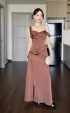 Elegant Spaghetti Straps Sheath Long Prom Dresses Satin Brown Wedding Guest Dresses HZ1121