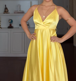 Chic V-neck Sheath Yellow Long Prom Dresses Satin Yellow Wedding Guest Dresses HZ1121