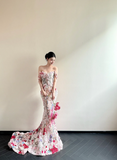 Fairy Off-the-Shoulder Mermaid Long Prom Dresses Sleeveless Tulle 3D Applique Evening Dresses HZ1121