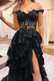 Pretty Off the Shoulder Black Tulle Appliques Off-the-Shoulder Ruffle Long Prom Dress Graduation Dress HZ1121