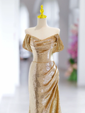 Modest Mermaid Off The Shoulder Gold Sequin Long Evening Party Gowns Evening Dress Special Formal Dresses Prom Dress HZ1121