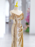 Modest Mermaid Off The Shoulder Gold Sequin Long Evening Party Gowns Evening Dress Special Formal Dresses Prom Dress HZ1121