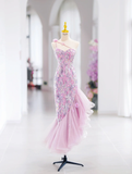 Modest Mermaid One Shoulder Pink Sequin Long Evening Party Gowns Evening Dress Special Formal Dresses Prom Dress HZ1121