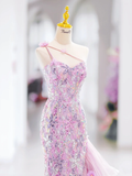 Modest Mermaid One Shoulder Pink Sequin Long Evening Party Gowns Evening Dress Special Formal Dresses Prom Dress HZ1121