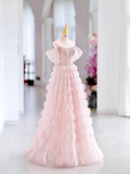 Cute Ball Gown Off The Shoulder Pink Tulle Long Evening Party Gowns Evening Dress Special Formal Dresses Prom Dress HZ1121
