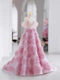 Cute Ball Gown Off The Shoulder Floral Pink Tulle Long Evening Party Gowns Evening Dress Special Formal Dresses Prom Dress HZ1121