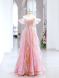 Cute A line Off The Shoulder Sequin Pink Tulle Long Evening Party Gowns Evening Dress Special Formal Dresses Prom Dress HZ1121