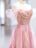 Cute A line Off The Shoulder Sequin Pink Tulle Long Evening Party Gowns Evening Dress Special Formal Dresses Prom Dress HZ1121
